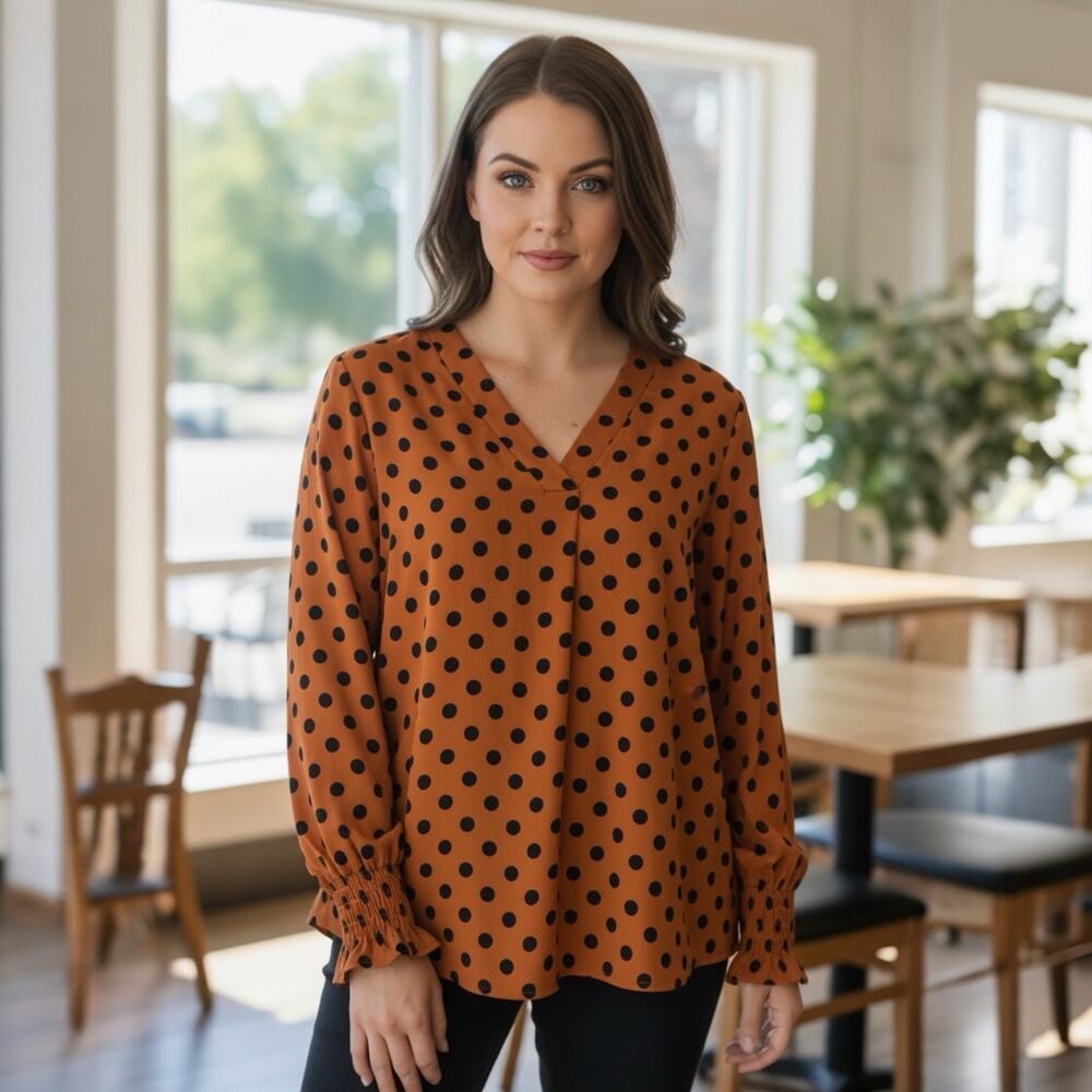 Tailor Ray Polka Dot Blouse Burnt Orange Black Sheer V-Neck Long Sleeve Top S